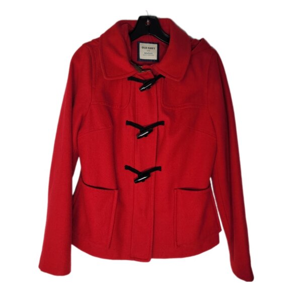 Old Navy jacket‎ wool blend hood toggle buttons zip front women's size med red - Picture 1 of 11